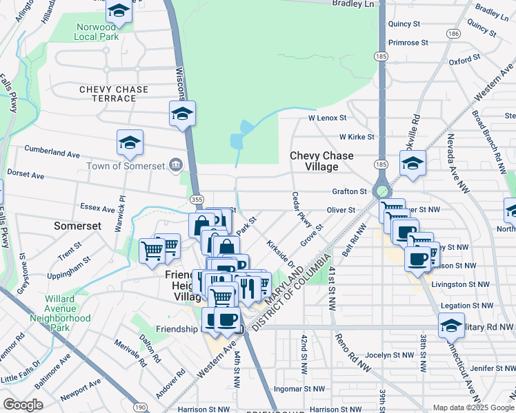 map of restaurants, bars, coffee shops, grocery stores, and more near 4023 Oliver Street in Chevy Chase