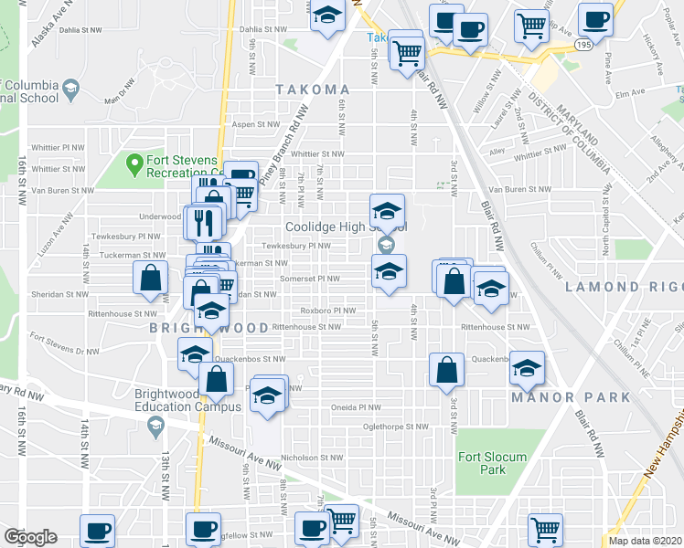 map of restaurants, bars, coffee shops, grocery stores, and more near 618 Tuckerman Street Northwest in Washington