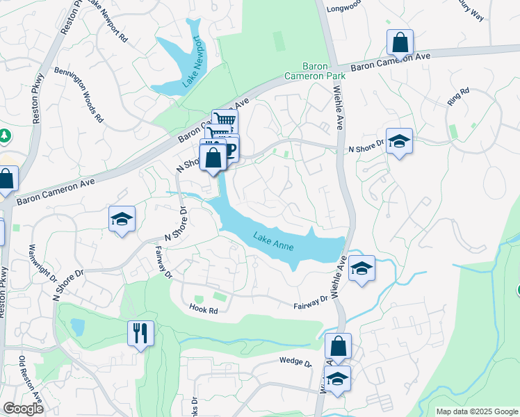 map of restaurants, bars, coffee shops, grocery stores, and more near 1568 Moorings Drive in Reston
