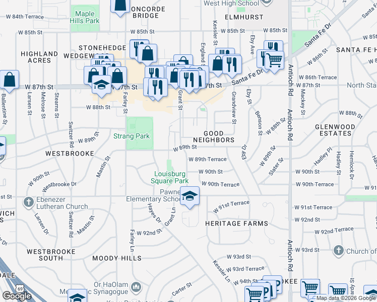 map of restaurants, bars, coffee shops, grocery stores, and more near 9409 West 89th Street in Overland Park