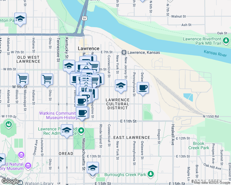map of restaurants, bars, coffee shops, grocery stores, and more near 912 Connecticut Street in Lawrence