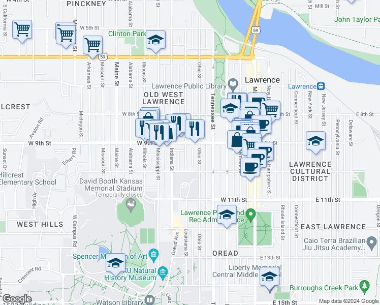 map of restaurants, bars, coffee shops, grocery stores, and more near 911 Ohio Street in Lawrence