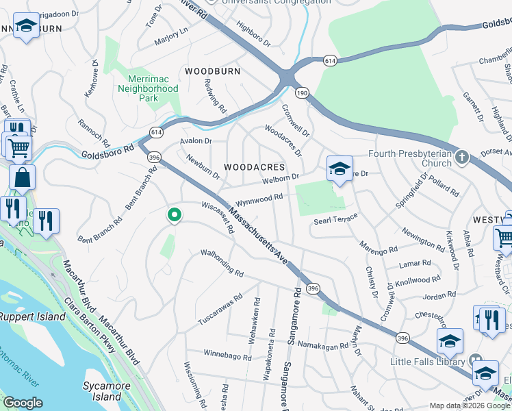 map of restaurants, bars, coffee shops, grocery stores, and more near 6108 Wynnwood Road in Bethesda