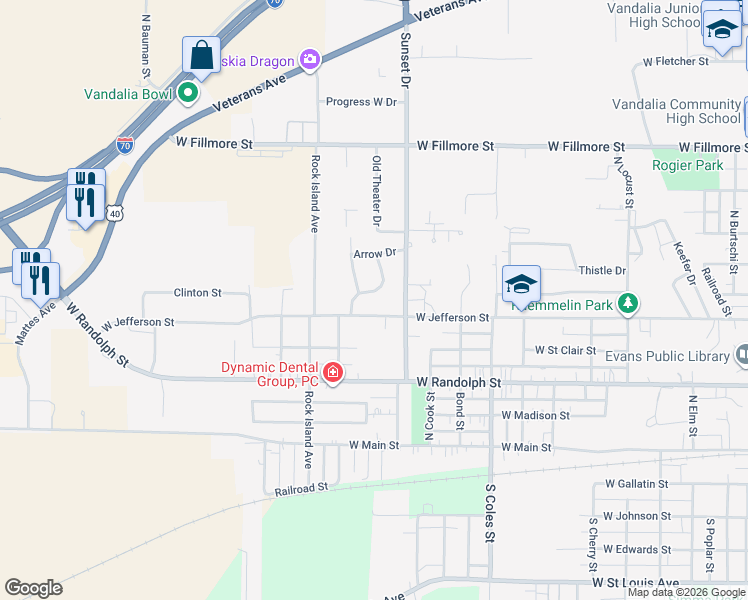 map of restaurants, bars, coffee shops, grocery stores, and more near 616 Bow Drive in Vandalia