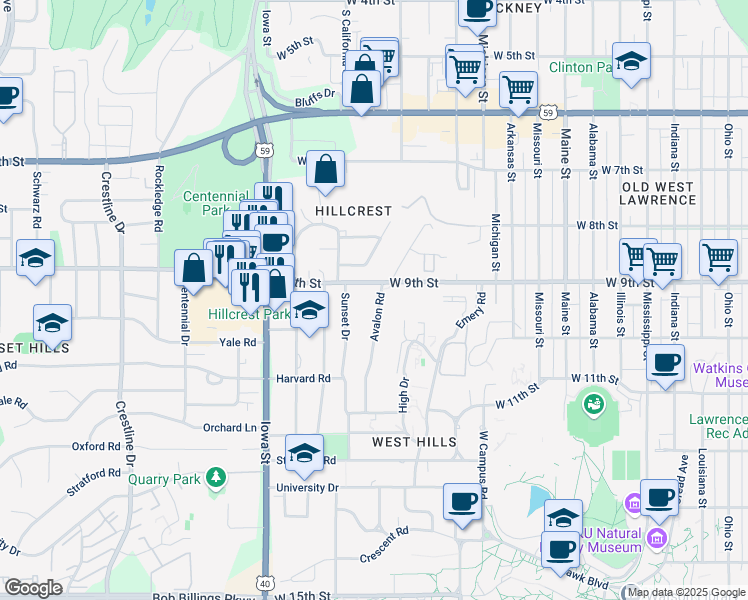 map of restaurants, bars, coffee shops, grocery stores, and more near 905 Avalon Road in Lawrence