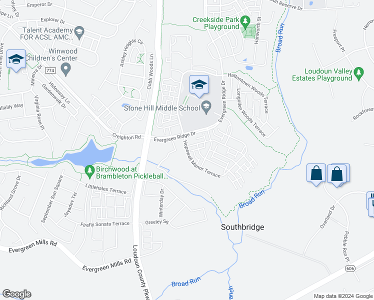 map of restaurants, bars, coffee shops, grocery stores, and more near 23514 Hopewell Manor Terrace in Ashburn