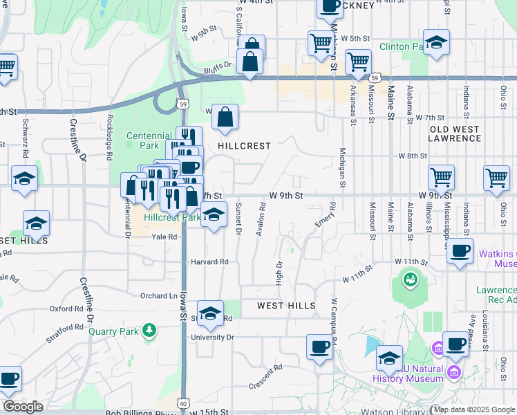 map of restaurants, bars, coffee shops, grocery stores, and more near 905 Avalon Road in Lawrence