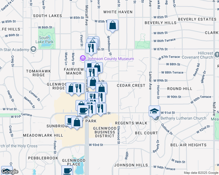 map of restaurants, bars, coffee shops, grocery stores, and more near 8905 Metcalf Avenue in Overland Park