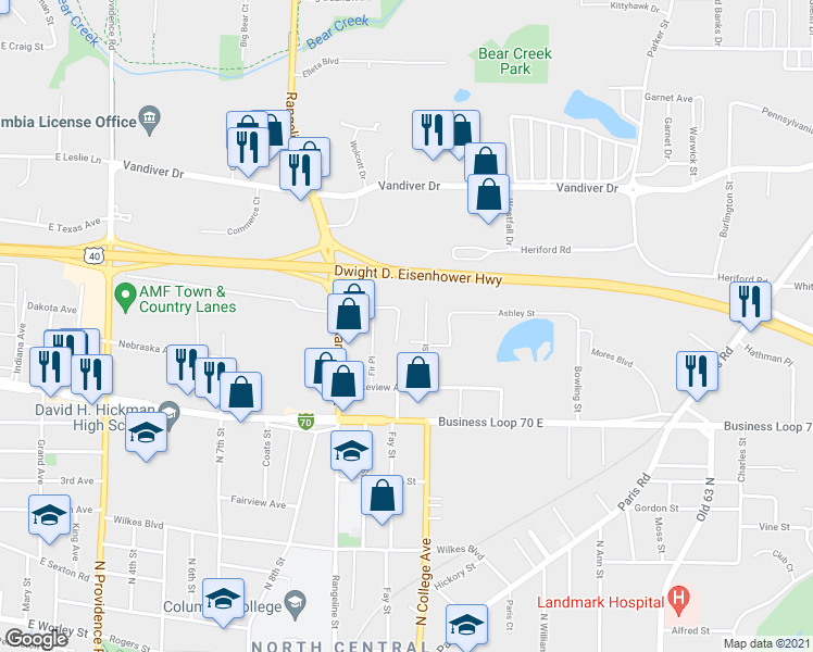 map of restaurants, bars, coffee shops, grocery stores, and more near 1508 Tupelo Place in Columbia