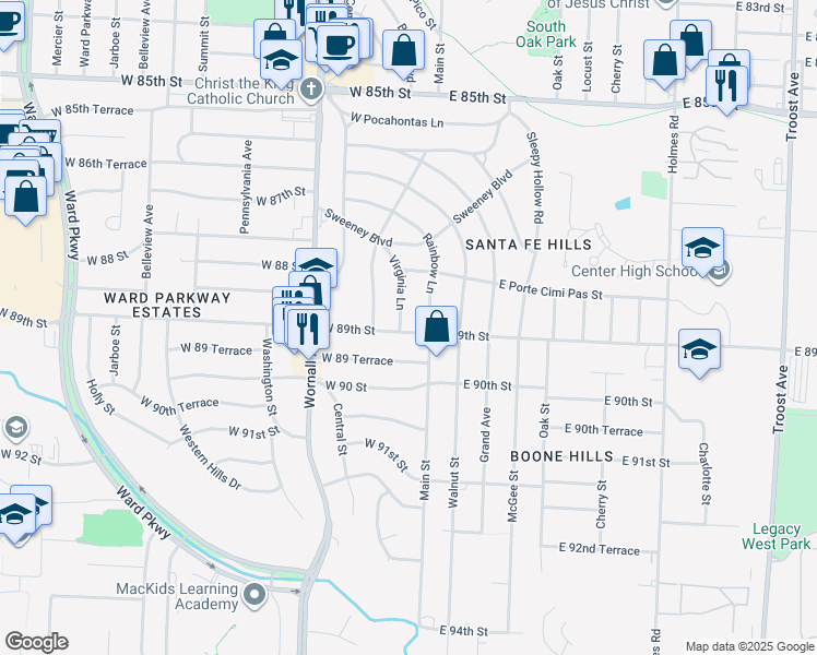 map of restaurants, bars, coffee shops, grocery stores, and more near 8845 Virginia Lane in Kansas City
