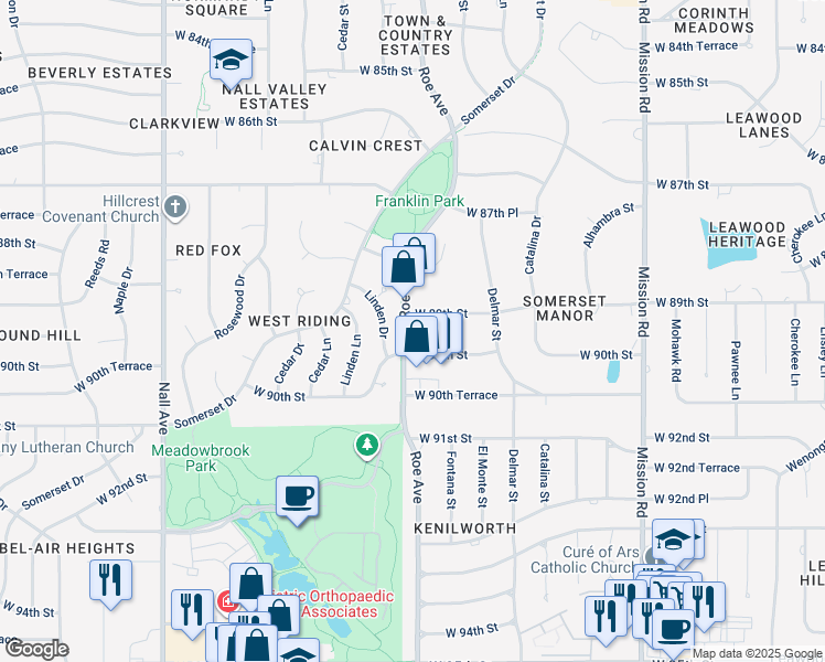 map of restaurants, bars, coffee shops, grocery stores, and more near 4627 West 89th Street in Prairie Village