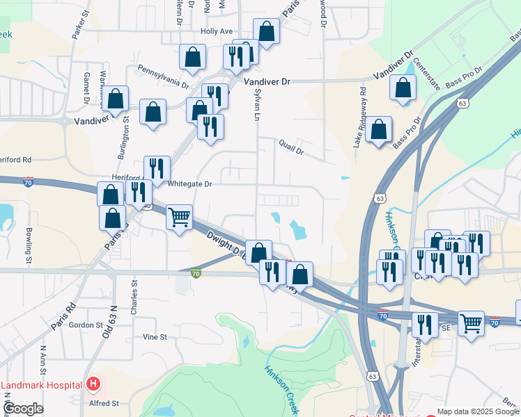 map of restaurants, bars, coffee shops, grocery stores, and more near 1504 Sylvan Lane in Columbia