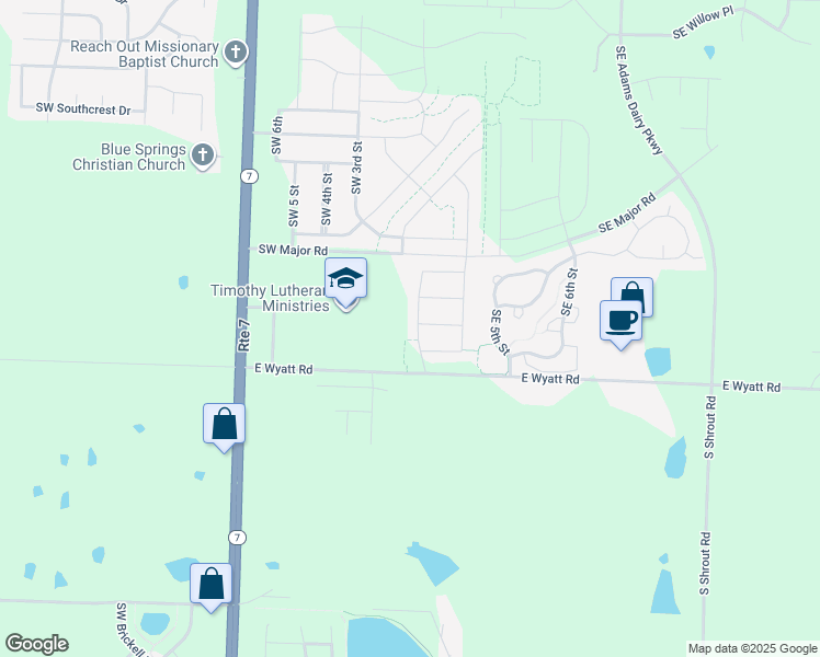 map of restaurants, bars, coffee shops, grocery stores, and more near 8225 Southwest 3rd Street in Blue Springs