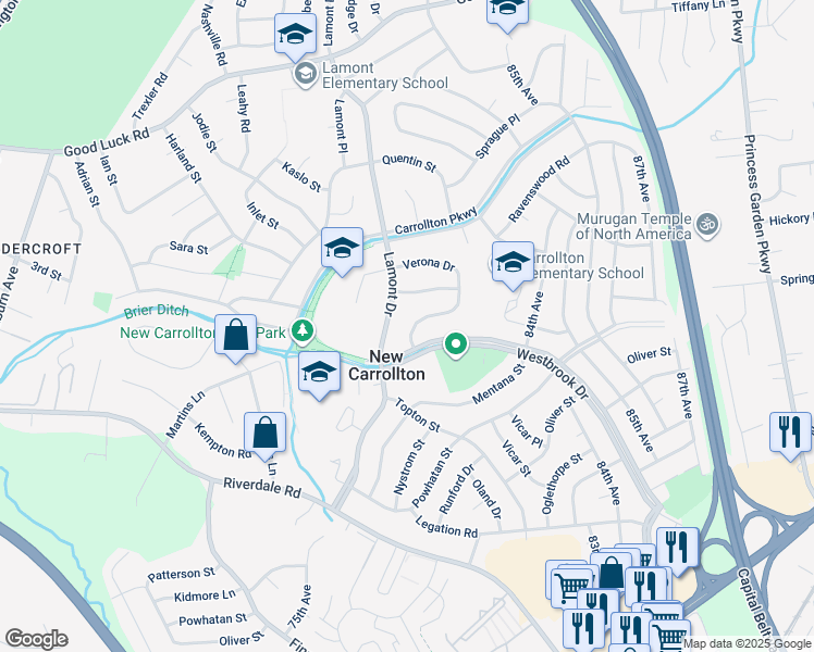 map of restaurants, bars, coffee shops, grocery stores, and more near 8349 Verona Drive in New Carrollton