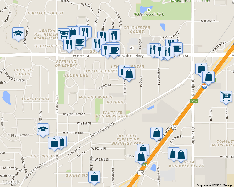 map of restaurants, bars, coffee shops, grocery stores, and more near 8906 Rosehill Road in Lenexa