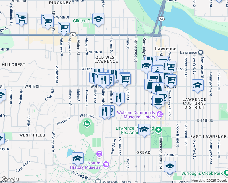map of restaurants, bars, coffee shops, grocery stores, and more near 912 Indiana Street in Lawrence