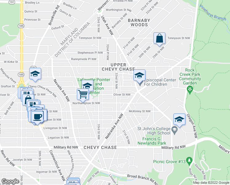 map of restaurants, bars, coffee shops, grocery stores, and more near 5800 32nd Street Northwest in Washington