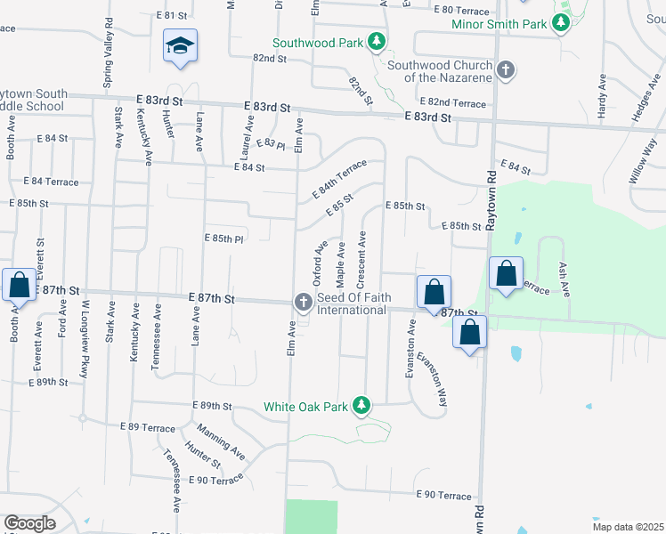 map of restaurants, bars, coffee shops, grocery stores, and more near 8604 Maple Avenue in Raytown