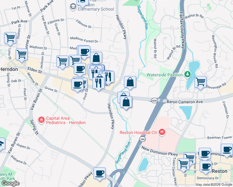 map of restaurants, bars, coffee shops, grocery stores, and more near 258e Elden Street in Herndon