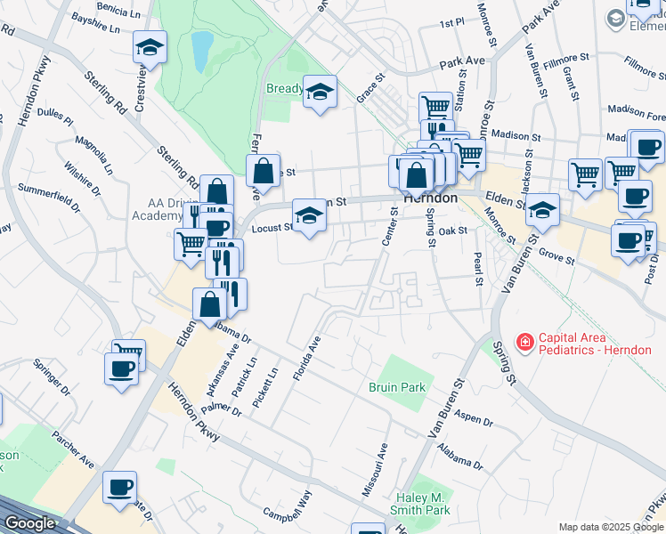 map of restaurants, bars, coffee shops, grocery stores, and more near 615 Center Street in Herndon