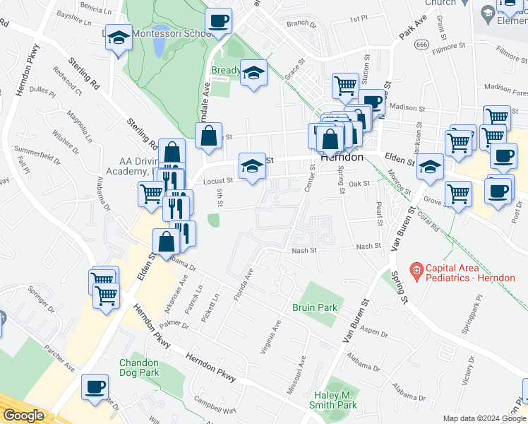 map of restaurants, bars, coffee shops, grocery stores, and more near 615 Center Street in Herndon
