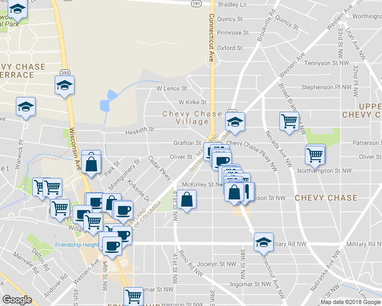 map of restaurants, bars, coffee shops, grocery stores, and more near 3903 Oliver Street in Chevy Chase