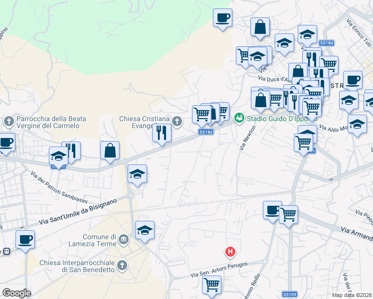 map of restaurants, bars, coffee shops, grocery stores, and more near 8 Via Giò Bernardino Vescio in Lamezia Terme