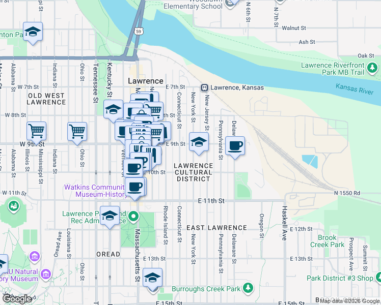 map of restaurants, bars, coffee shops, grocery stores, and more near 912 Connecticut Street in Lawrence
