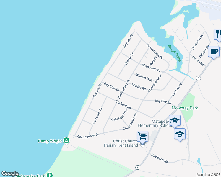map of restaurants, bars, coffee shops, grocery stores, and more near 411 Bay City Road in Stevensville