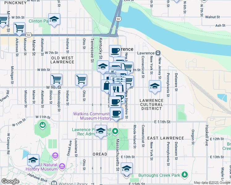 map of restaurants, bars, coffee shops, grocery stores, and more near in Lawrence