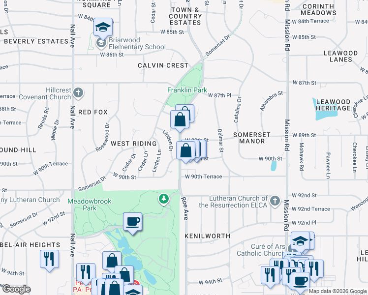 map of restaurants, bars, coffee shops, grocery stores, and more near 4627 West 89th Street in Prairie Village