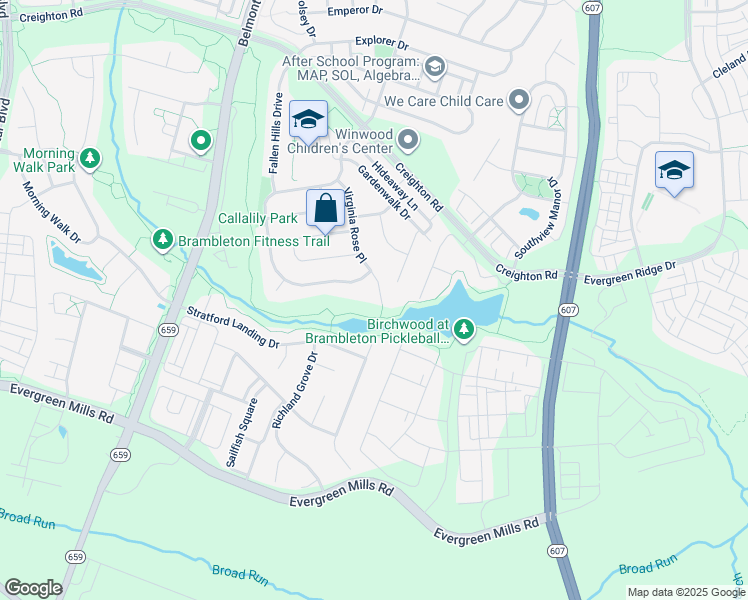 map of restaurants, bars, coffee shops, grocery stores, and more near 23455 Virginia Rose Place in Ashburn