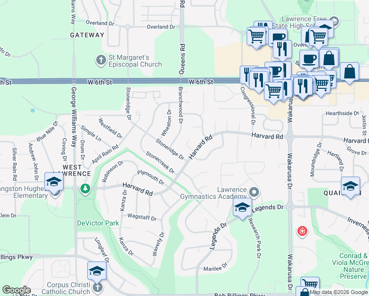map of restaurants, bars, coffee shops, grocery stores, and more near 1013 Langston Court in Lawrence