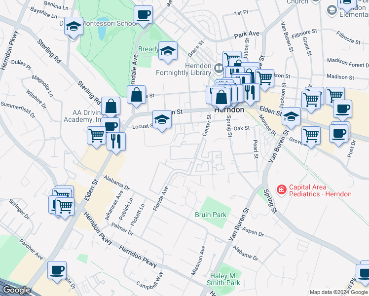map of restaurants, bars, coffee shops, grocery stores, and more near 619 Center Street in Herndon