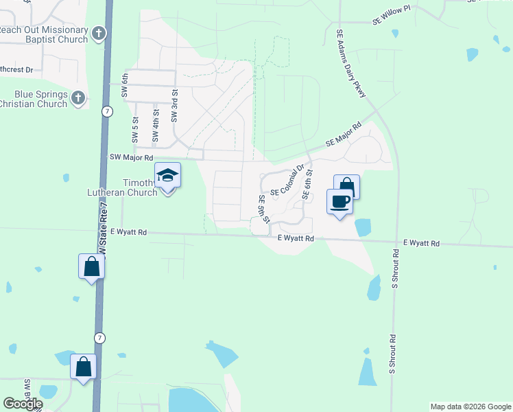 map of restaurants, bars, coffee shops, grocery stores, and more near 8209 Southeast 5th Street in Blue Springs