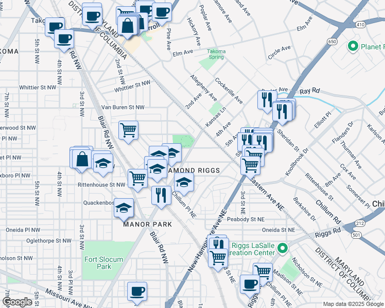 map of restaurants, bars, coffee shops, grocery stores, and more near 6321 Kansas Avenue Northeast in Washington