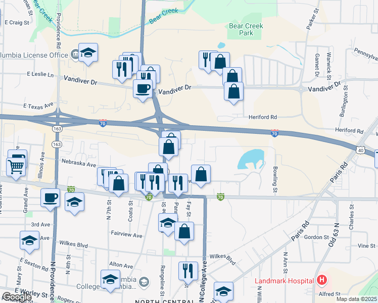 map of restaurants, bars, coffee shops, grocery stores, and more near 1509 Tupelo Place in Columbia