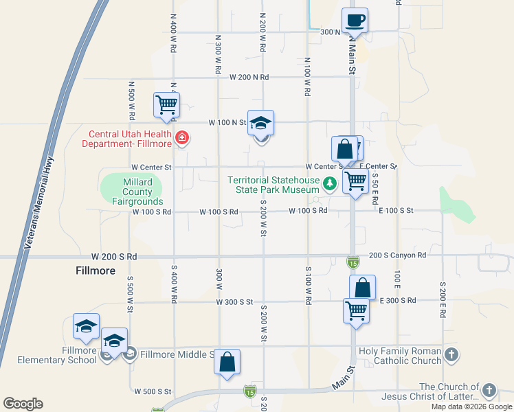 map of restaurants, bars, coffee shops, grocery stores, and more near 90 South 200 West Street in Fillmore