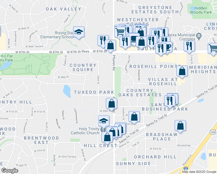 map of restaurants, bars, coffee shops, grocery stores, and more near 8915 Summit Street in Lenexa