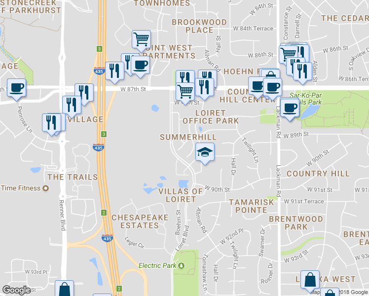 map of restaurants, bars, coffee shops, grocery stores, and more near 15807 West 89th Street in Lenexa