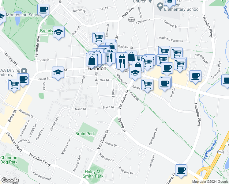 map of restaurants, bars, coffee shops, grocery stores, and more near 118 Pearl Street in Herndon