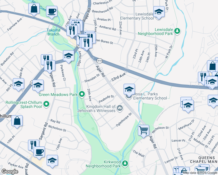 map of restaurants, bars, coffee shops, grocery stores, and more near 2028 Roanoke Street in Hyattsville