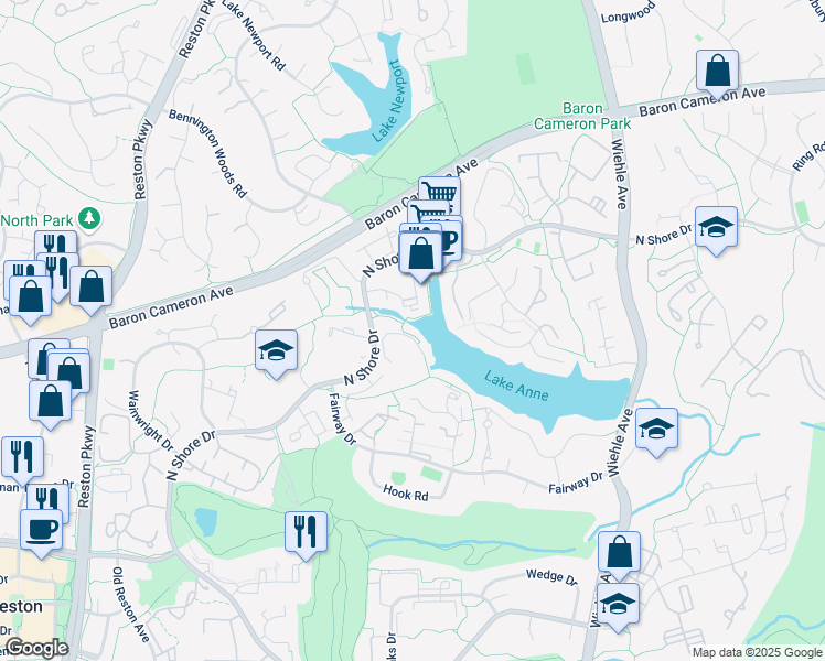 map of restaurants, bars, coffee shops, grocery stores, and more near 11434 Waterview Cluster in Reston