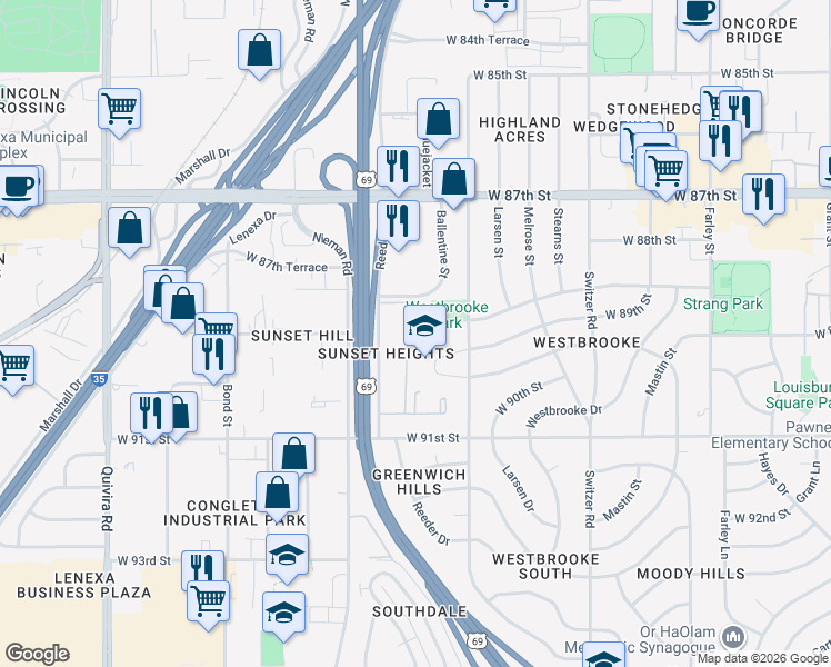 map of restaurants, bars, coffee shops, grocery stores, and more near 10724 West 88th Terrace in Overland Park
