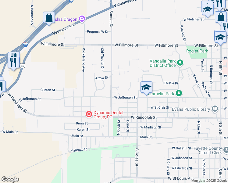 map of restaurants, bars, coffee shops, grocery stores, and more near 504 Sunset Drive in Vandalia
