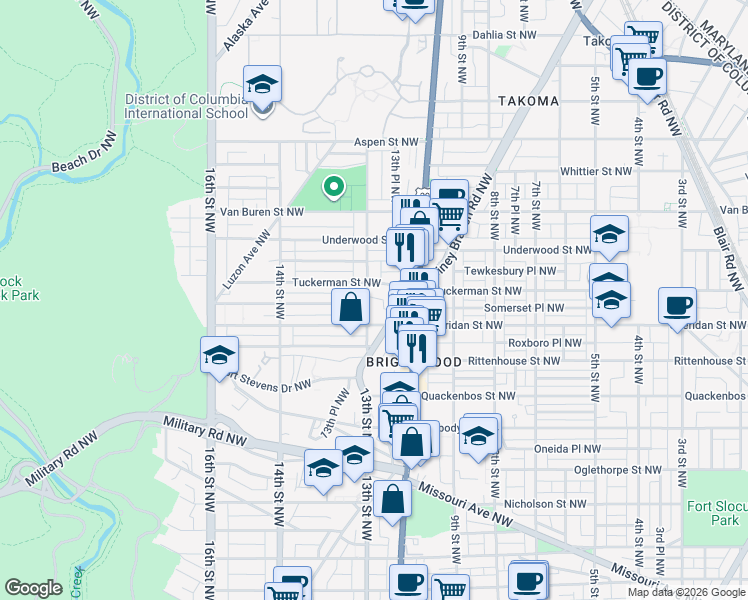 map of restaurants, bars, coffee shops, grocery stores, and more near 6323 13th Street Northwest in Washington
