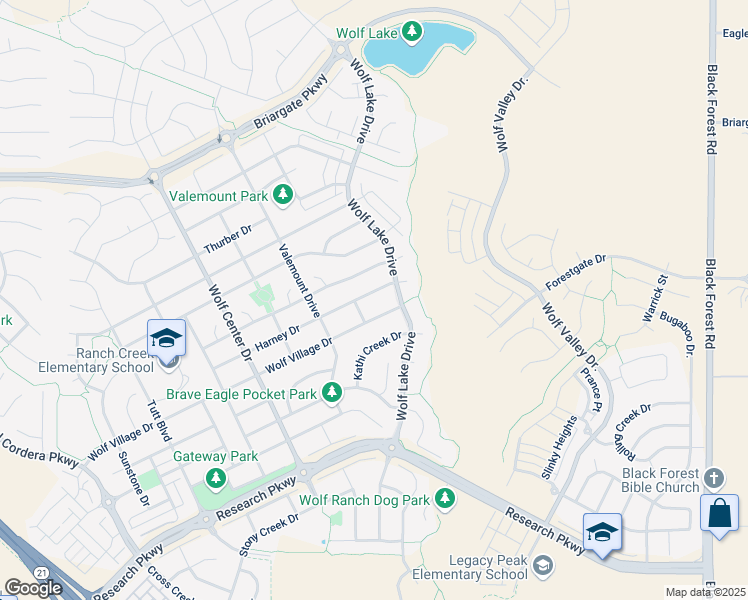 map of restaurants, bars, coffee shops, grocery stores, and more near 6243 Harney Drive in Colorado Springs