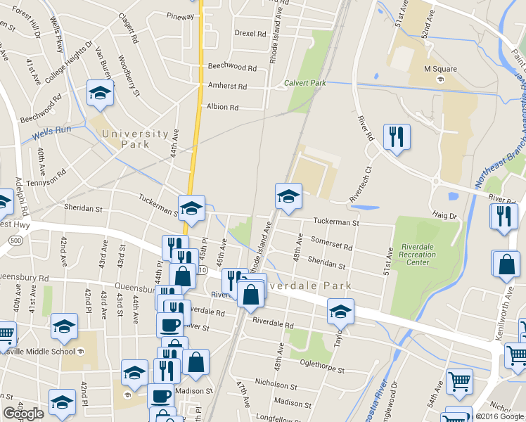 map of restaurants, bars, coffee shops, grocery stores, and more near 6501 Rhode Island Avenue in Riverdale Park