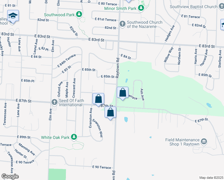 map of restaurants, bars, coffee shops, grocery stores, and more near 8526 Raytown Road in Raytown