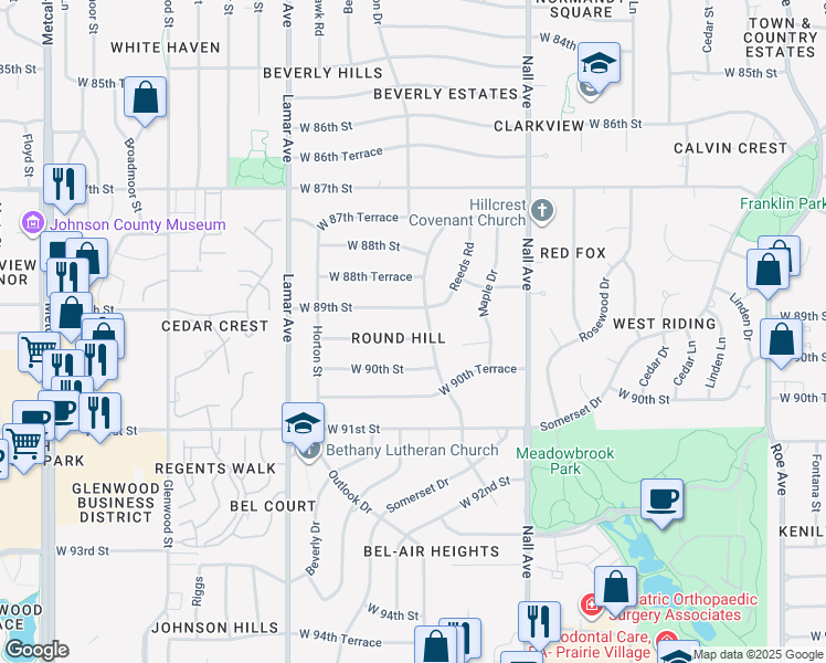 map of restaurants, bars, coffee shops, grocery stores, and more near 5800 West 89th Terrace in Overland Park